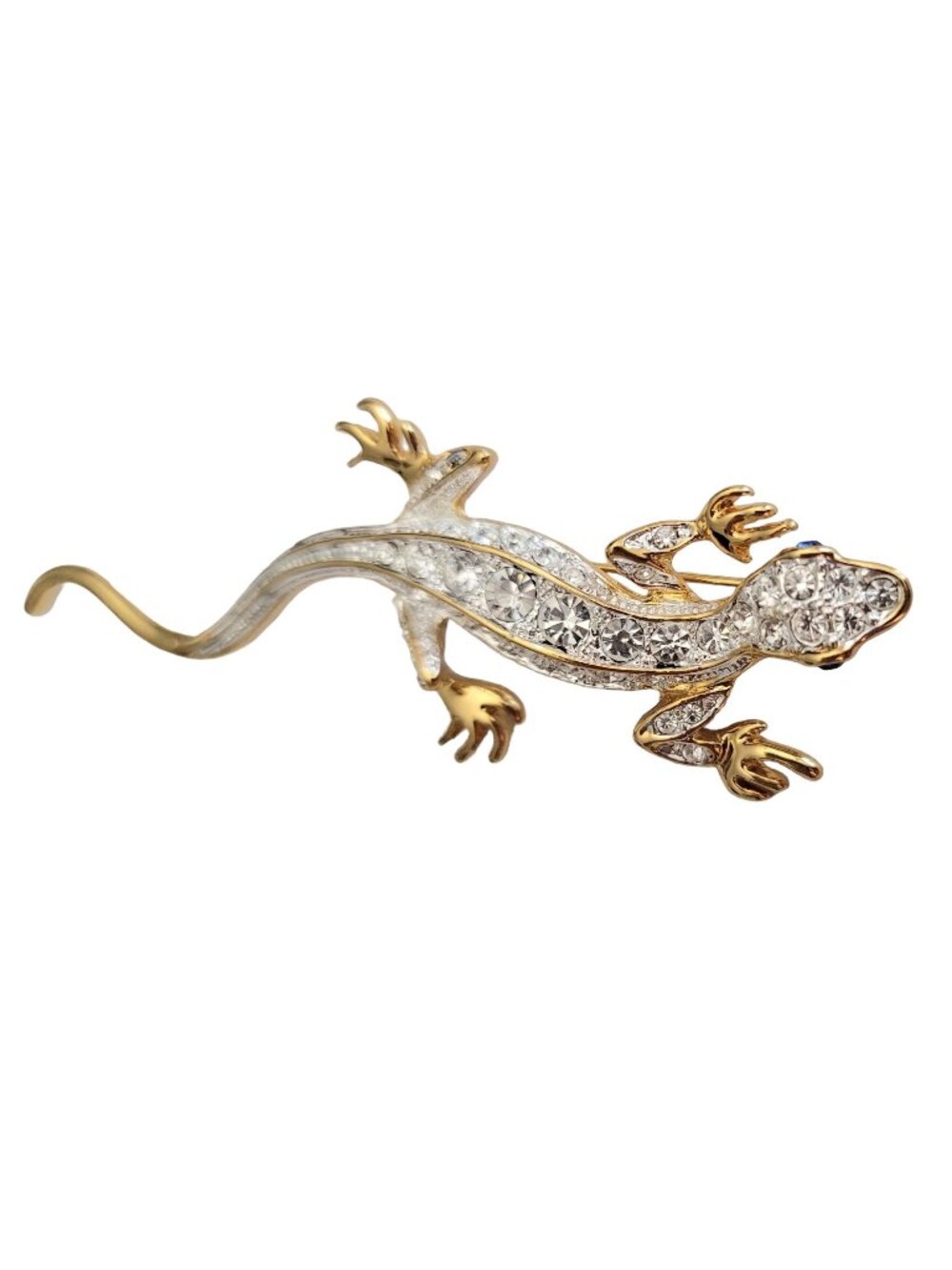 PS Co Gold Tone Clear Rhinestone Lizard Salamander Gecko Brooch Signed, M542
